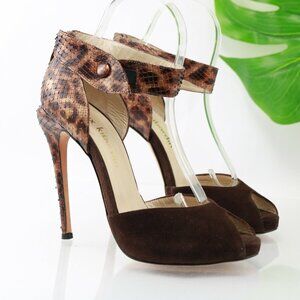 Max Kibardin Women Iruwa Sandal Size 8.5 Brown Leopard Ankle Strap Sculpted Heel